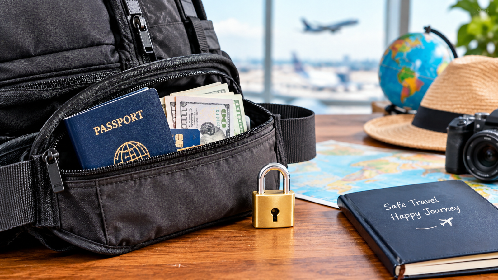 Money and passport safe abroad with a hidden pouch and padlock