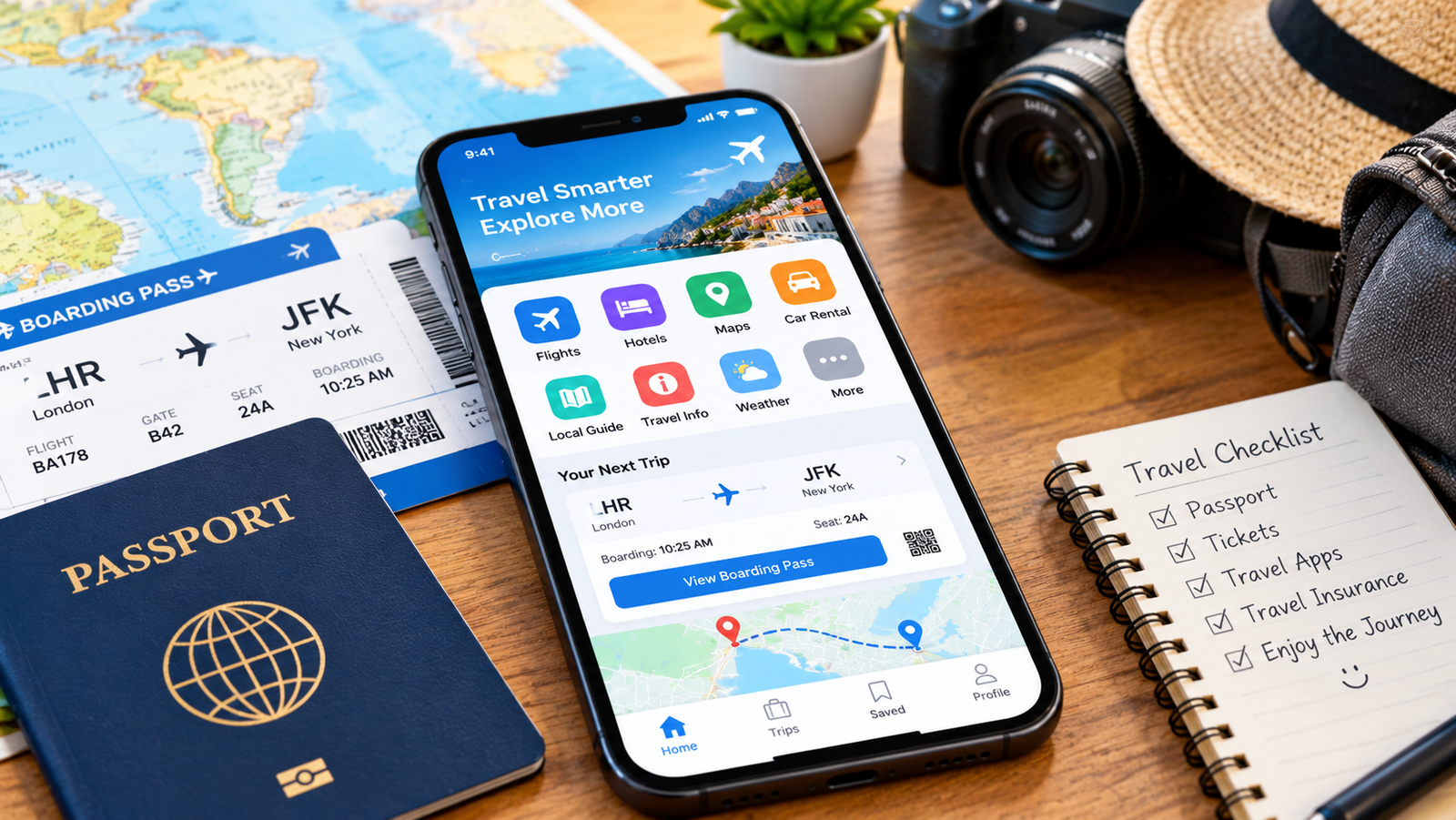 Best travel apps on a smartphone showing a map and travel tickets